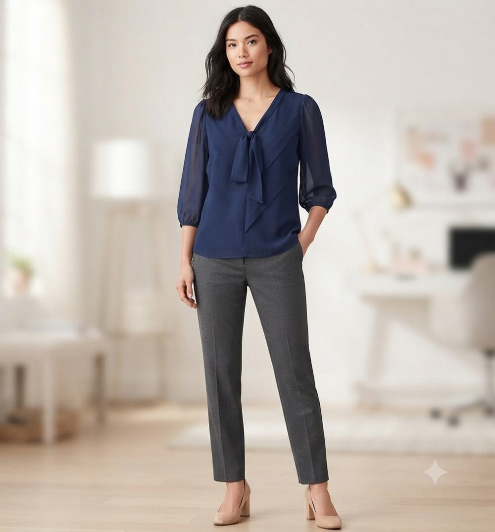 Max Studio Petite Navy Blue Chiffon Tie-Front Blouse Date Night NWOT Size MP
